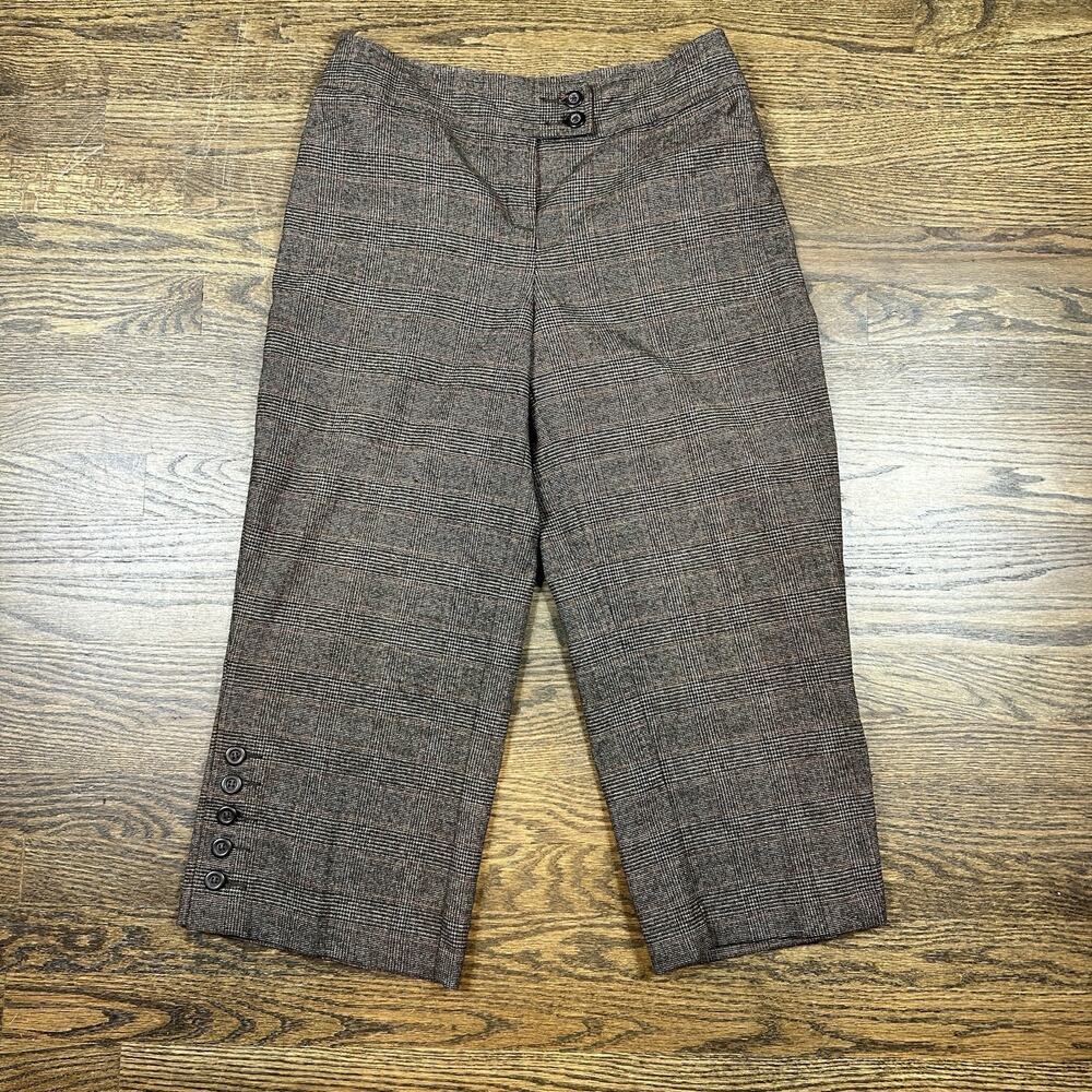 Cabi Pants Womens 4 Brown‎ Plaid Cropped Button Hem Stretch Work Trousers